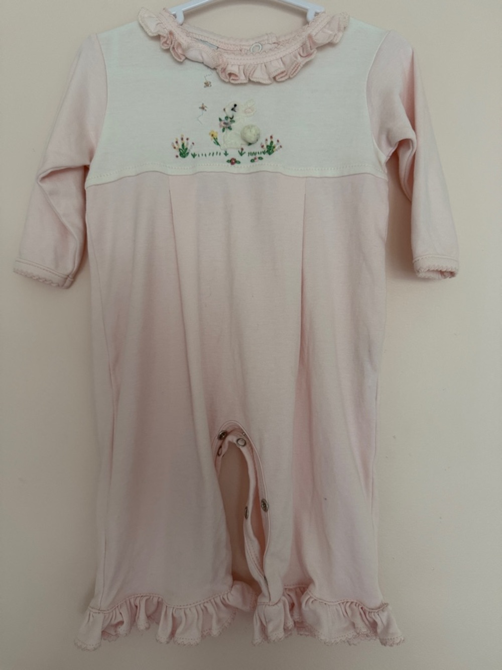 Squiggles by Charlie Soft Pink Ruffle Baby One-Piece with Embroidered Bunny